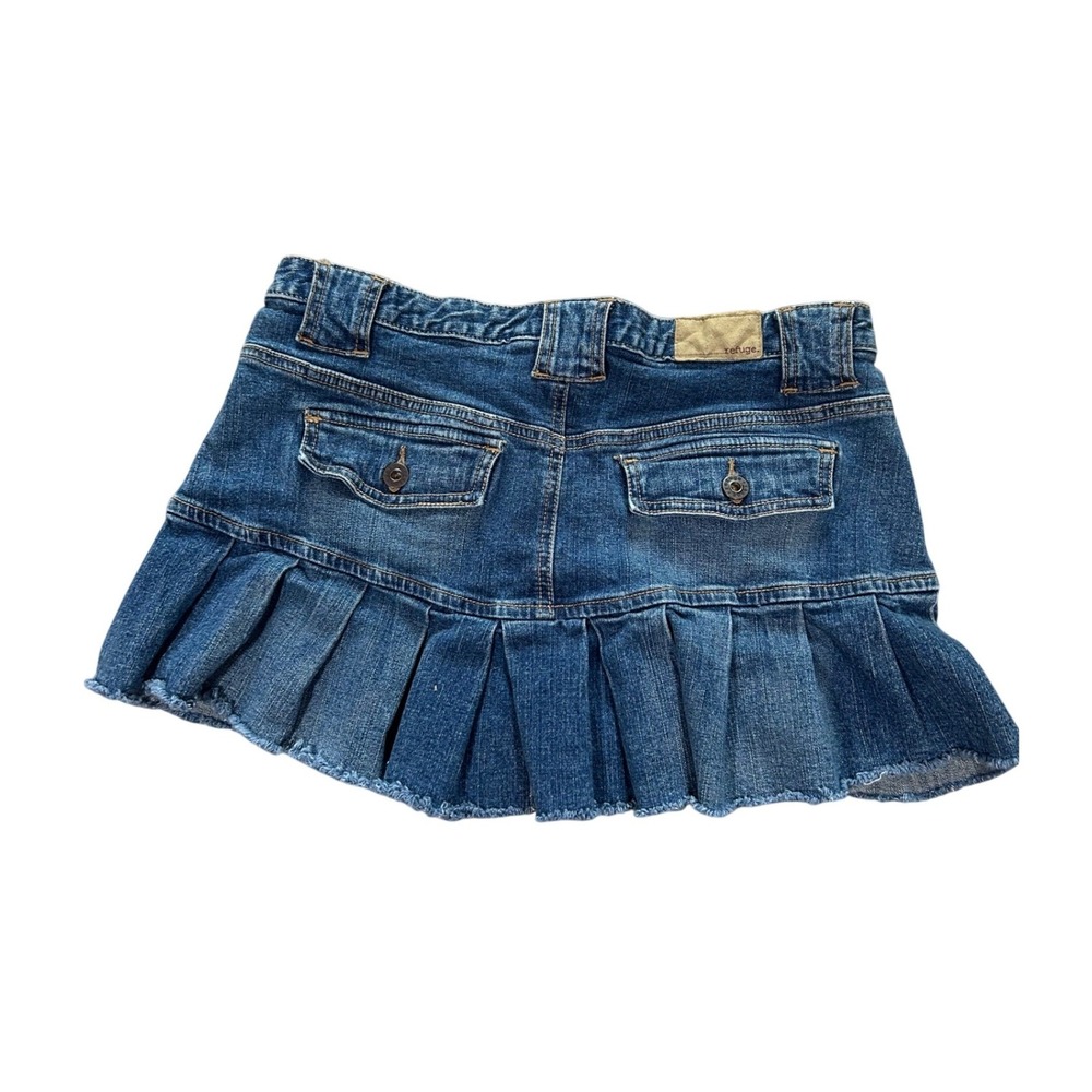 VTG Y2K Womens Blue Denim Pleated Ruffle Mini Skirt Raw Hem 2000's Festival 7